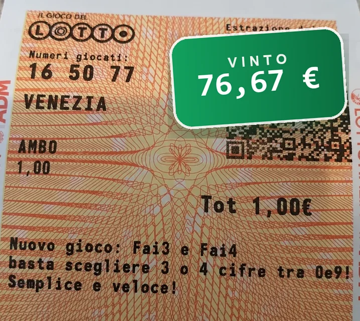 Schedina del Lotto: 16 50 77 giocati su Venezia, ambo nell'estrazione del 29 agosto 2026: vinti 76,67 euro