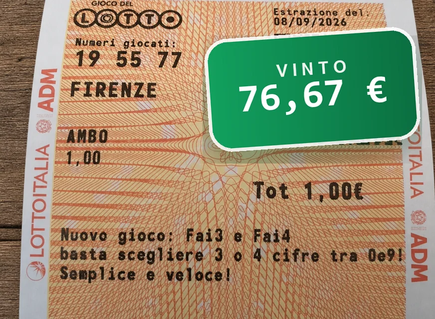 Schedina del Lotto: 19 55 77 giocati su Firenze, ambo nell'estrazione del 8 settembre 2026: vinti 76,67 euro