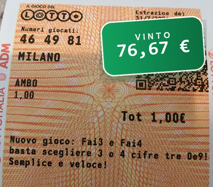 Schedina del Lotto: 46 49 81 giocati su Milano, ambo nell'estrazione del 31 luglio 2026: vinti 76,67 euro