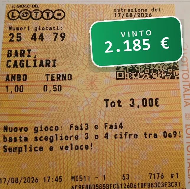 Schedina del Lotto: 25 44 79 giocati su Cagliari, terno nell'estrazione del 17 agosto 2026: vinti 2.185 euro