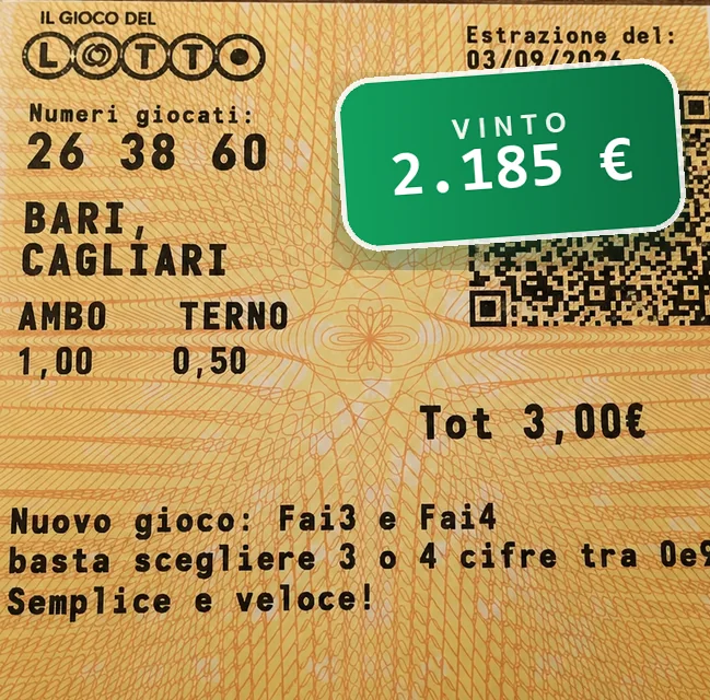 Schedina del Lotto: 26 38 60 giocati su Bari, terno nell'estrazione del 3 settembre 2026: vinti 2.185 euro
